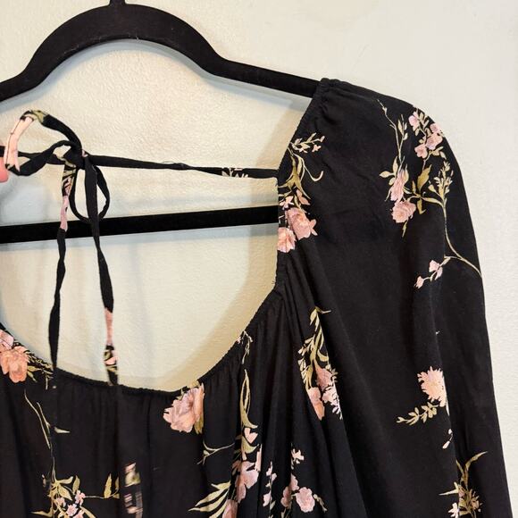 American Eagle Blouse Large Floral Open Back Long Puff Balloon Sleeve Black NWT - Picture 5 of 8